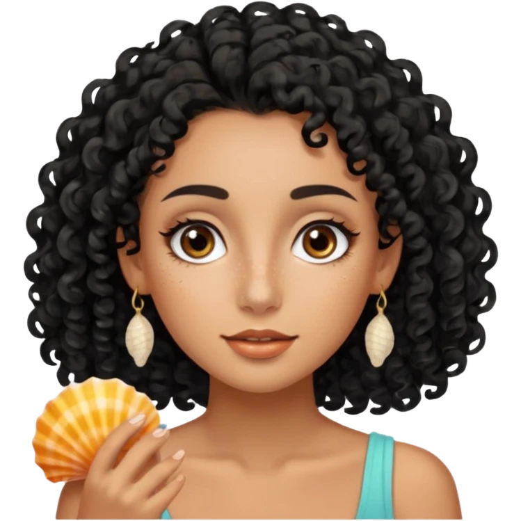 Tanned face with sea-salt longer black curls and a freckled nose, long full eyelashes, seashell hair clips emoji