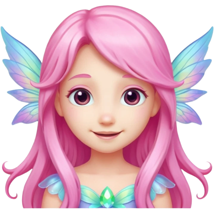 A tiny pastel fairy with pink long hair with glowing wings and a sweet smile  emoji