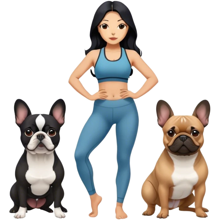 latin woman in a yoga outfit with long black hair standing alongside two French bulldogs  emoji