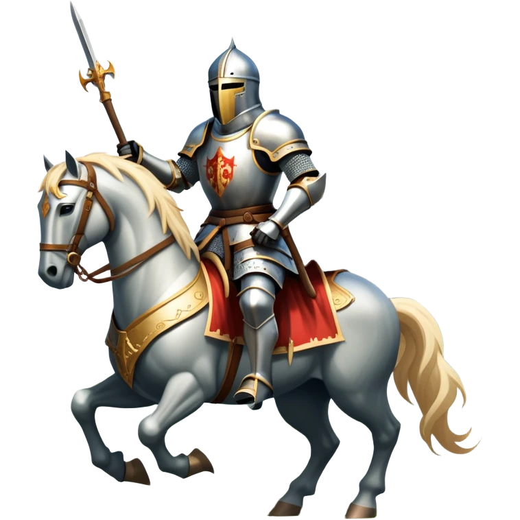 An icon representing an adventure game, inspired by medieval fantasy worlds. The design features a noble knight in gleaming armor, riding a powerful warhorse through a misty battlefield. The backdrop includes towering castles and banners flying in the wind, evoking a sense of honor, duty, and epic quests. Transparent background. emoji
