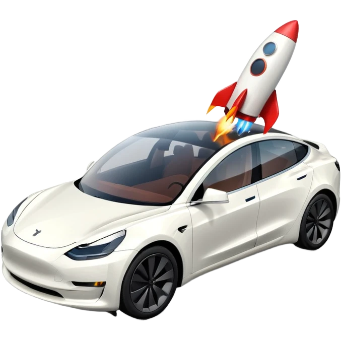 Tesla model 3 white. Two rockets mounted flat on roof emoji