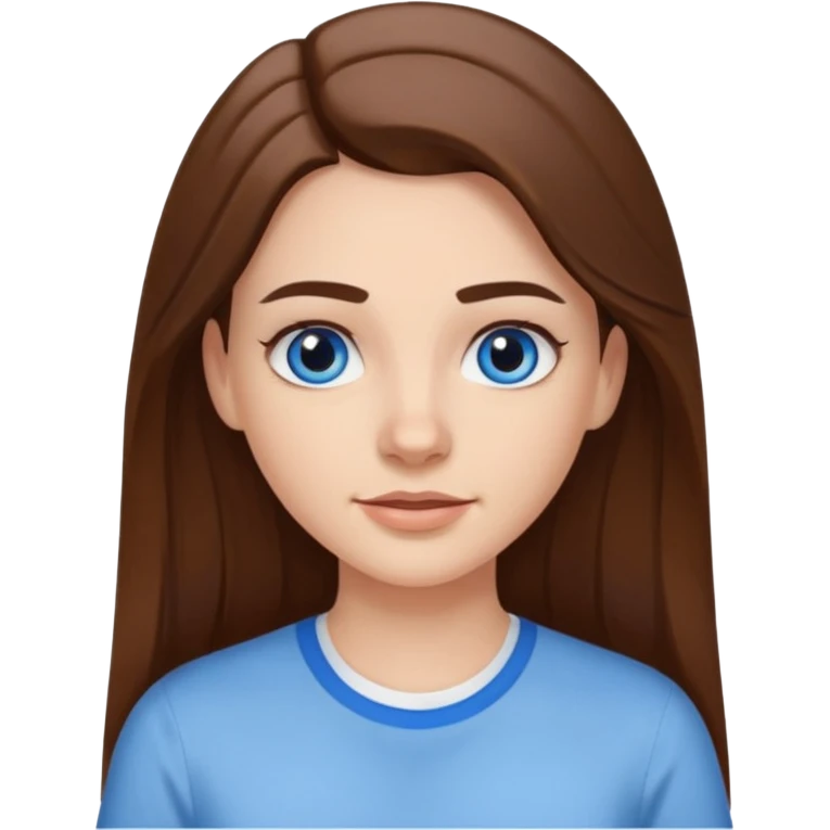 A pretty white girl with long brown hair dark eyebrows and braces and blue eyes wearing a white shirt emoji