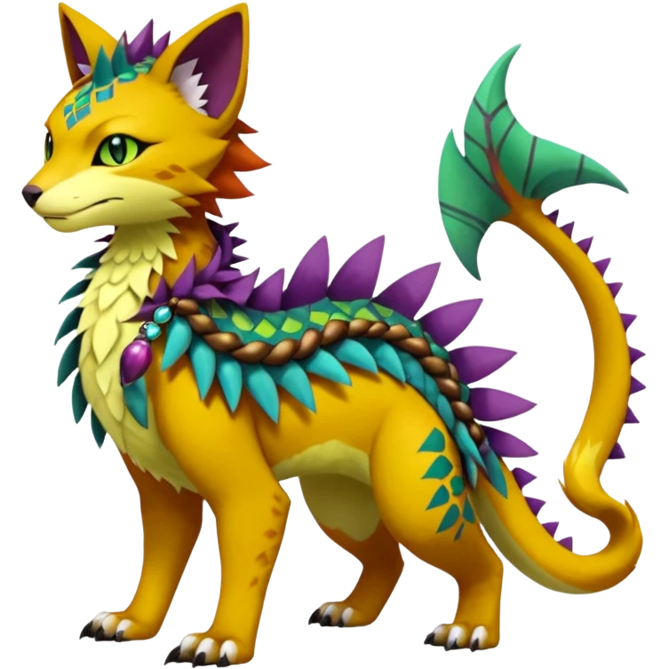 Kawaii cute reddish orangish yellowish greenish purplish exotic tribal beautiful pretty elegant divine edgy feline-vernid-sergal-Fakémon-Pokémon-Digimon-fursona-animal-creature with accessories, jewelries, full body, with intricate detailed markings, furs, fins, scales, spiny emoji
