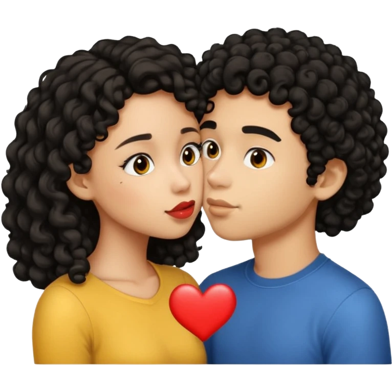 a light skin girl with medium black curly hair and a light brown boy with medium length black hair kissing emoji emoji