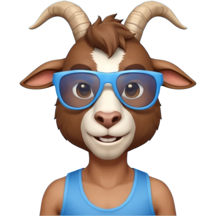 3D cartoon goat man portrait, head and shoulders, brown fur, small horns, blue reflective sunglasses, slight smile, tank top, soft lighting, centered, clean background, no text, no watermark
 emoji