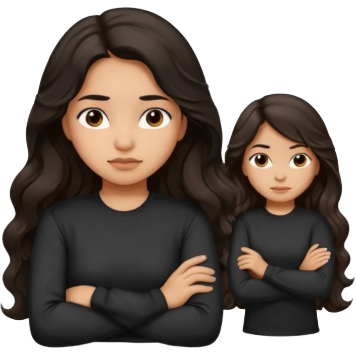 Hispanic girl dark long wavy hair crossing her arms with slight pout wearing a black long sleeve shirt emoji