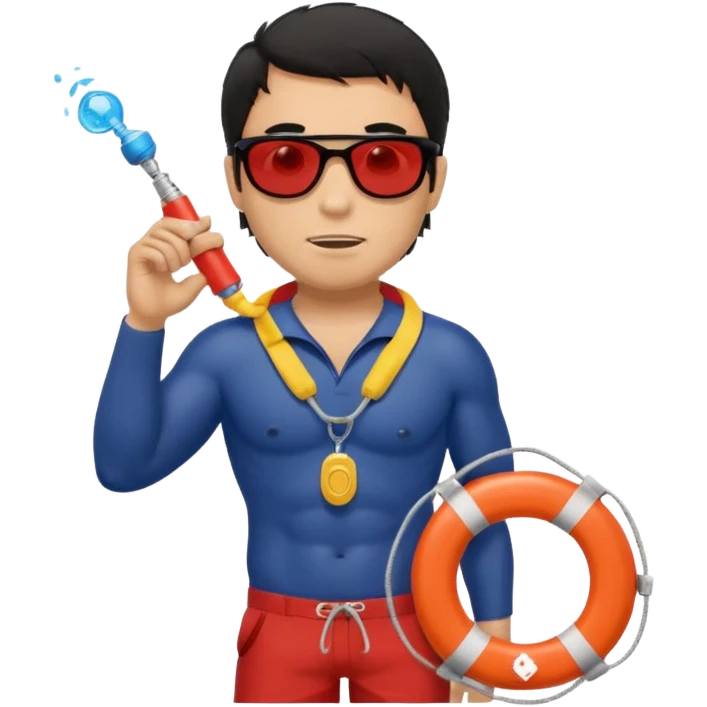 Dark Tan Muscular lifeguard without shirt with messy black hair with sunglasses, with whistle with life preserver emoji