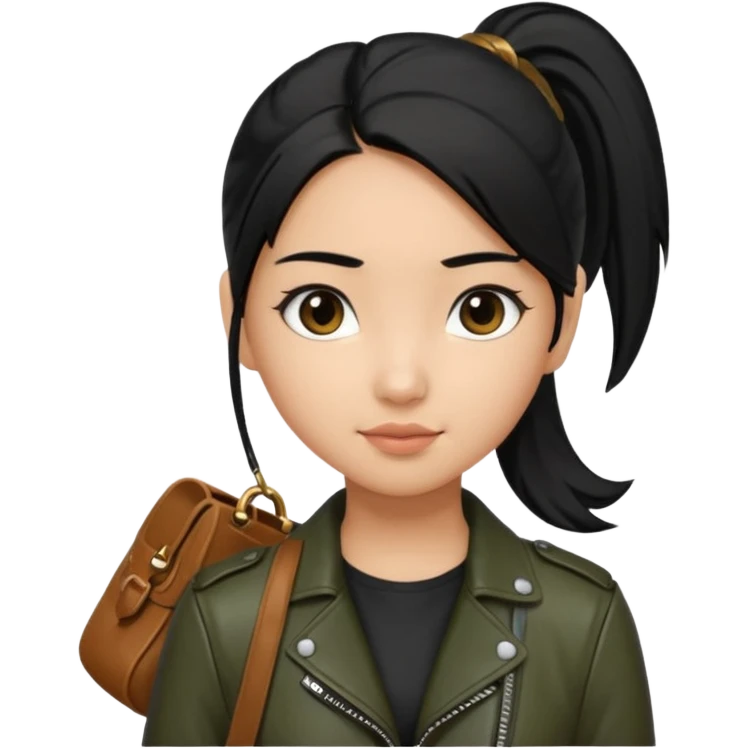A girl with a pony tail black hair and olive ish skin, Asian eyes, with a black jacket and a brown purse  emoji