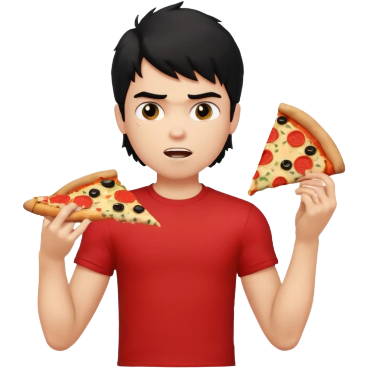 generate a pretty fair bratz boy with a messy mullet (black hair), wearing a red tshirt. eating pizza. He has big biceps emoji