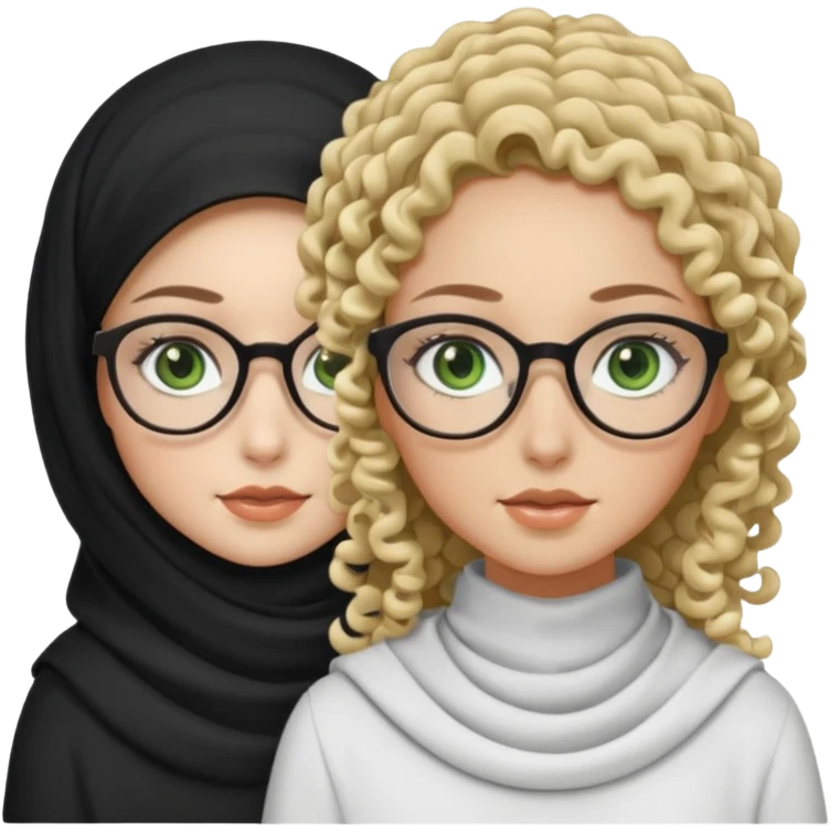 White hijabi girl with black eyes and black long hair white girl and black eyes wearing glasses and a white skin girl with curly honey hair and green eyes emoji