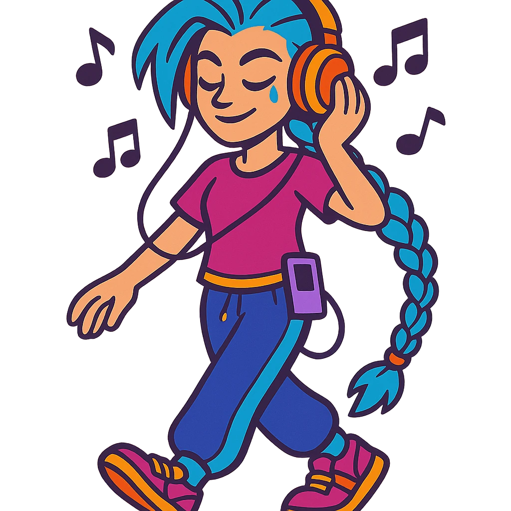 Jinx from Arcane in everyday life, sportswear, listening to music with headphones, vibrant toon style emoji