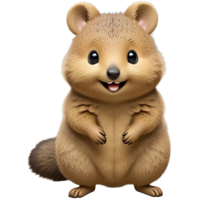 cinematic-quokka-realistic-full-body-standing on its hind legs hunched over-emoji,-small-round-frame-balanced-on-tiny-strong-hind-legs,giant fluffy cheeks large smile-fluffy-brown-fur-radiating-a-warm-softness skinny tail, ,-big-round-eyes-filled-with-joy-and-innocence,-tiny-clawed-paws-held-close-to-chest,-cheerful-smile-exuding-endearing-happiness,-simplified-yet-realistic-focused-features,-highly-detailed,-glowing-with-a-sunny-warmth, expressive eyes  emoji