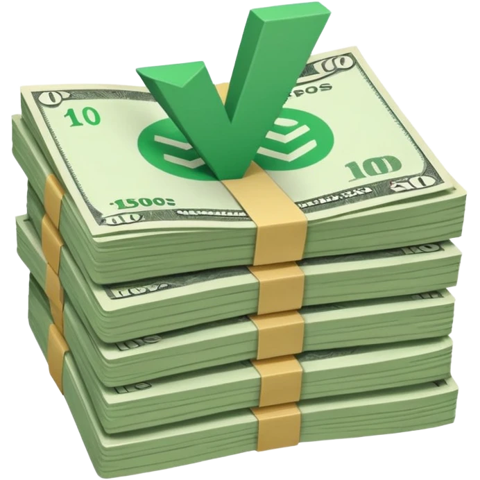 stack of bills facing up with green tick in the background emoji