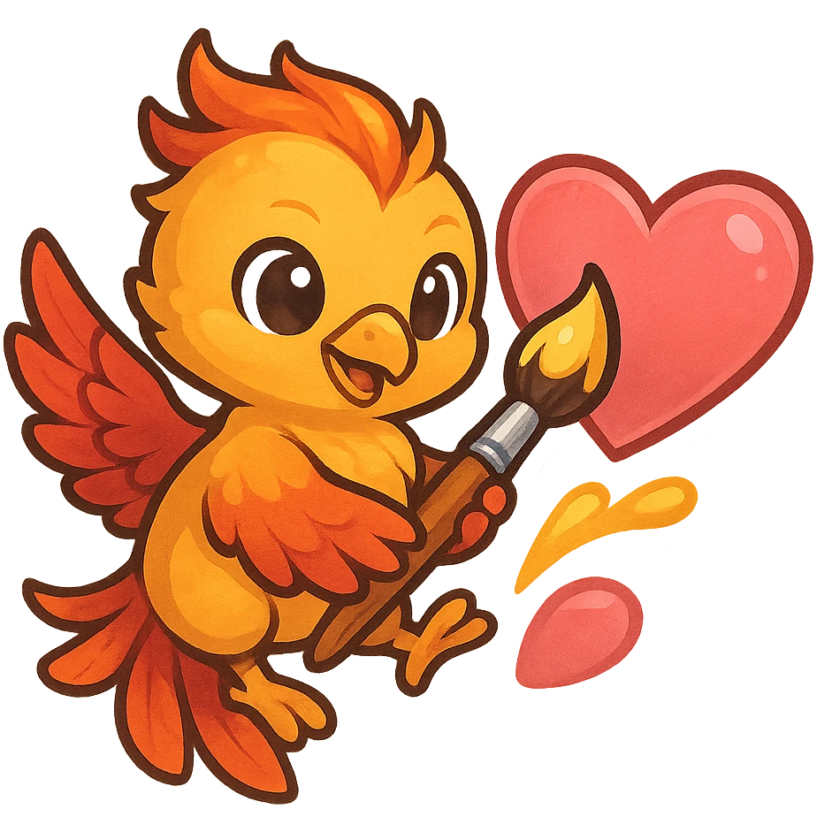 A phoenix holding a brush, painting inside a heart emoji, detailed and vibrant colors, cute and positive composition emoji