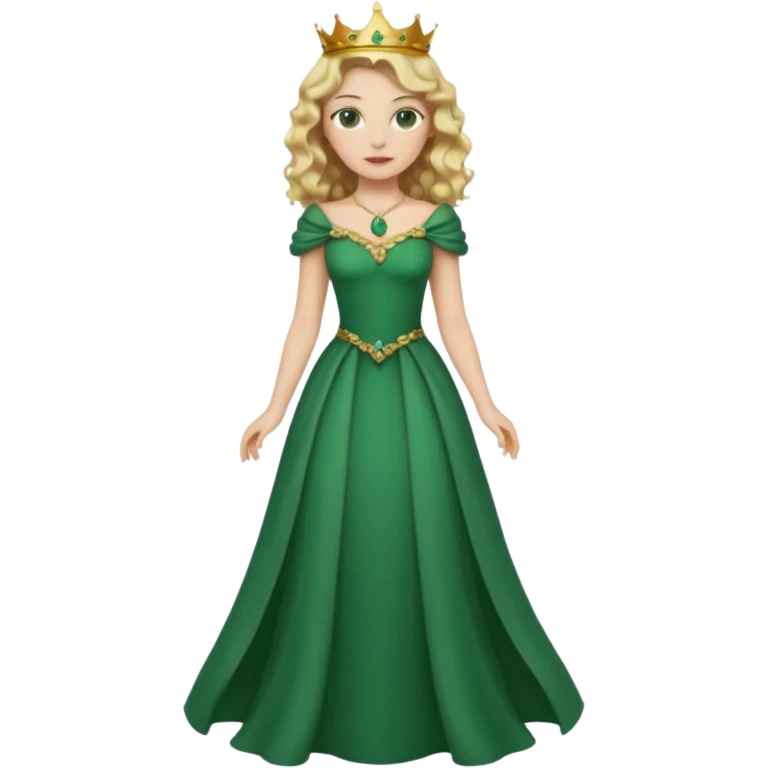 Queen, crown, blonde wavy hair, green eyes, long green narrpw dress, whole Body, emoji