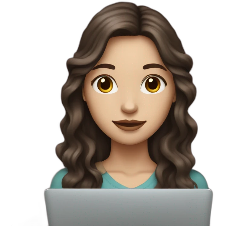 white girl with dark brown wavy long hair and apple laptop emoji