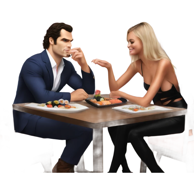realistic photo of Henry Cavill with a beautiful  victoria secret model on a sushi date emoji
