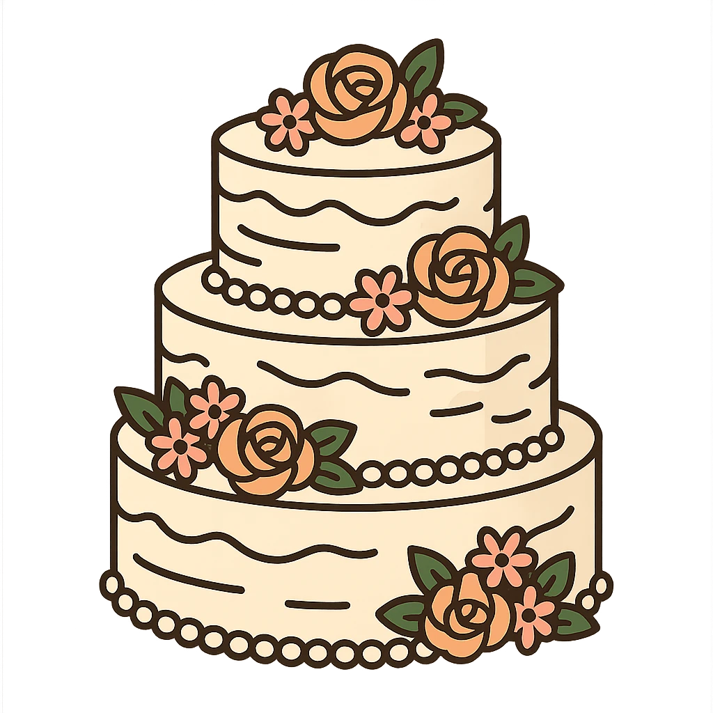 flat toon white buttercream three-tiered wedding cake with flowers emoji