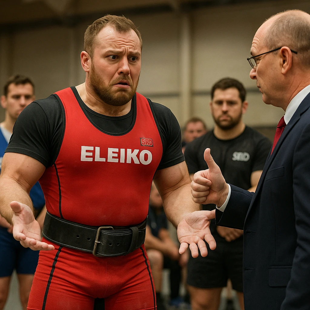 realistic European powerlifter in competition clothing, receiving exclusion verdict from official, incredulous expression, other athletes in background, atmosphere of disappointment, detailed, competition hall background emoji