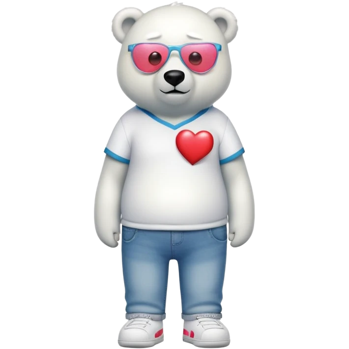 friendly anthropomorphised polar bear standing upright, looking chilled and unbothered, wearing a shirt, jeans, trainers, heart-shaped colorful glasses emoji