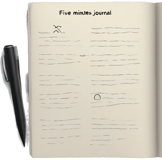 A journal with hand writing “five minutes journal” text on its cover emoji