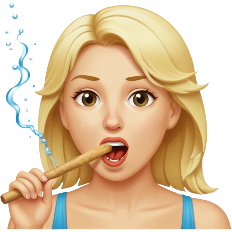 blond woman biting a wide skin-tone stick with a bite mark, water jet shooting from the stick into her mouth, surprised look emoji