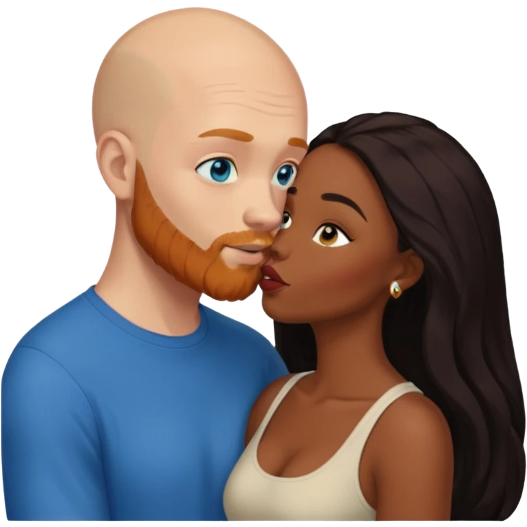 Bald white male with ginger beard and blue eyes kissing African American dark brown woman with long black hair emoji
