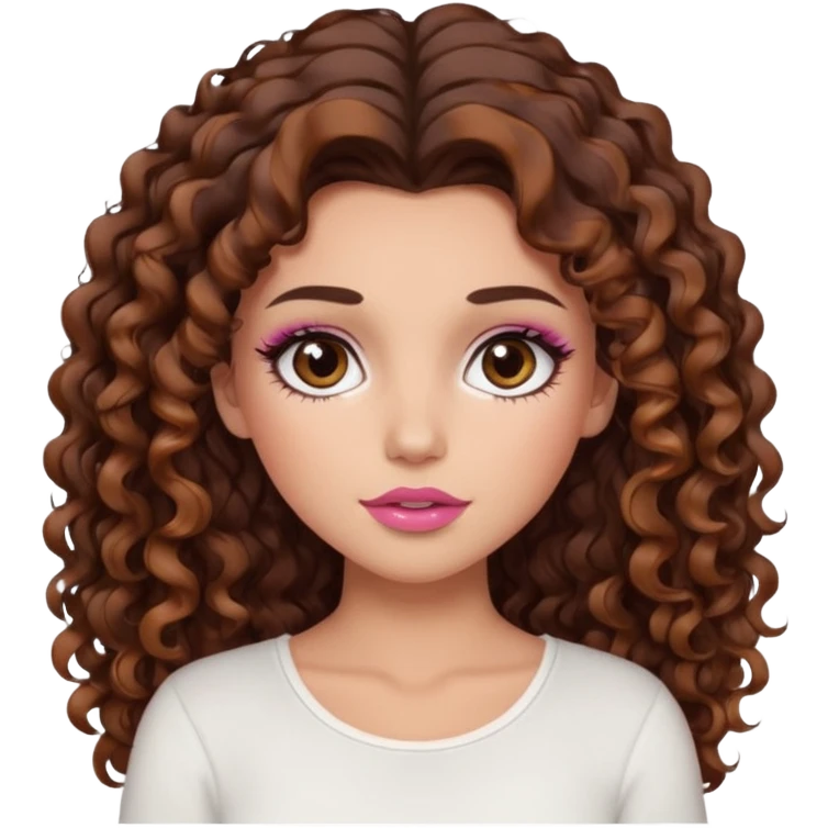 white girl with long voluminous dark brown curly hair with caramel highlights wearing a white top. Blush on the cheeks and big eyelashes and a brown-pink lip combo  emoji