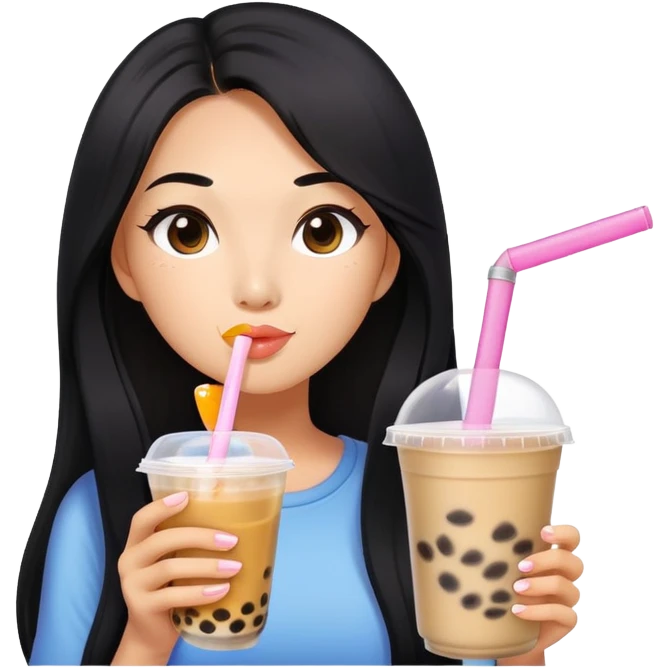 woman tanned long black hair, hot, drinking bubble tea emoji