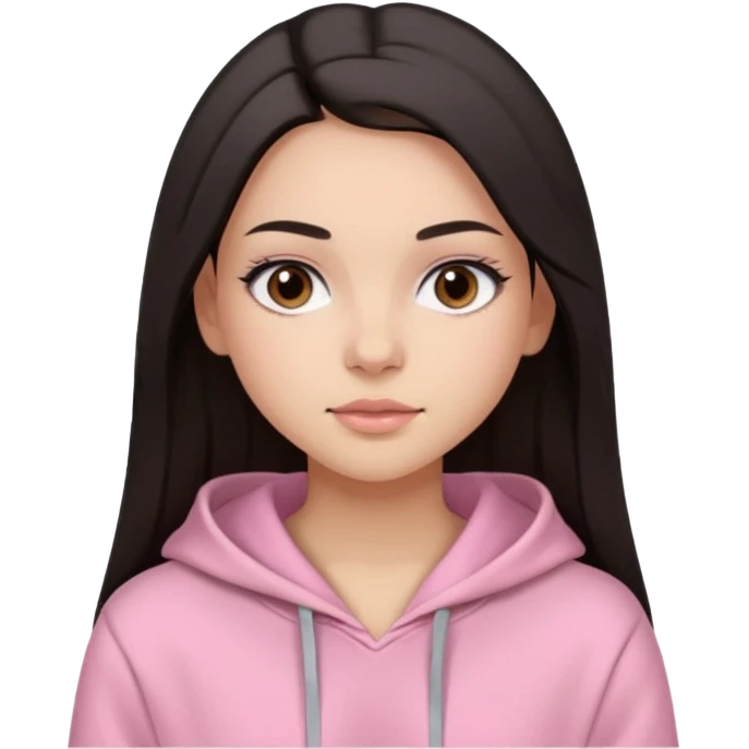 A pretty girl with light skin and long straight black brown hair, wearing a very light pink basic hoodie with brown eyes and makeup emoji