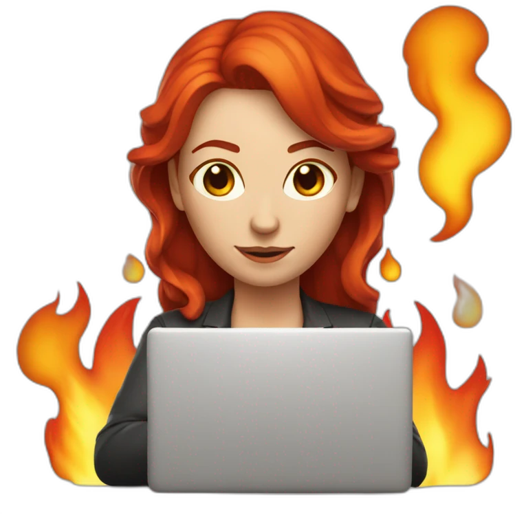 developer red hair woman with a laptop and a huge fire emoji