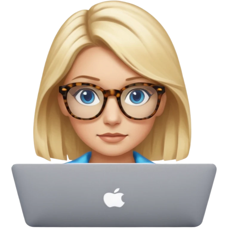  blonde hair woman blue eyes with tortoise shell print glasses on mac book  emoji