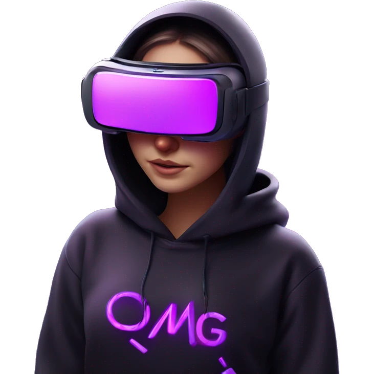 Russian girl wearing black hoody with violet letters "OMG", in vr headset oculus quest2. No eyes on headset. Cyberpunk style. Violet neon. emoji