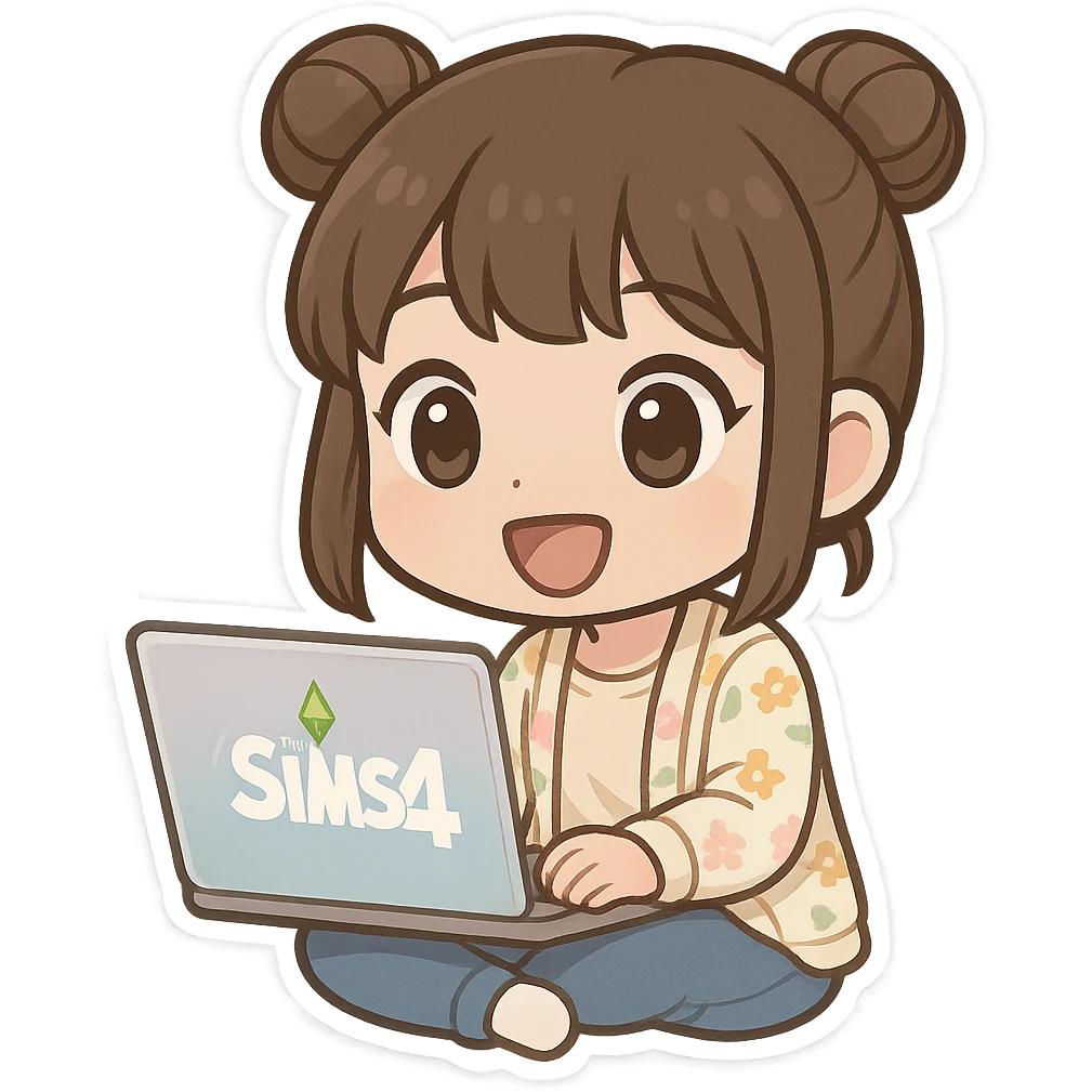 chibi sticker of a girl sitting happily at a laptop with The Sims 4 loading screen visible on the laptop display, brown straight hair in double buns, brown eyes, pastel floral cardigan, jeans, white outline, transparent background, 512x512px emoji