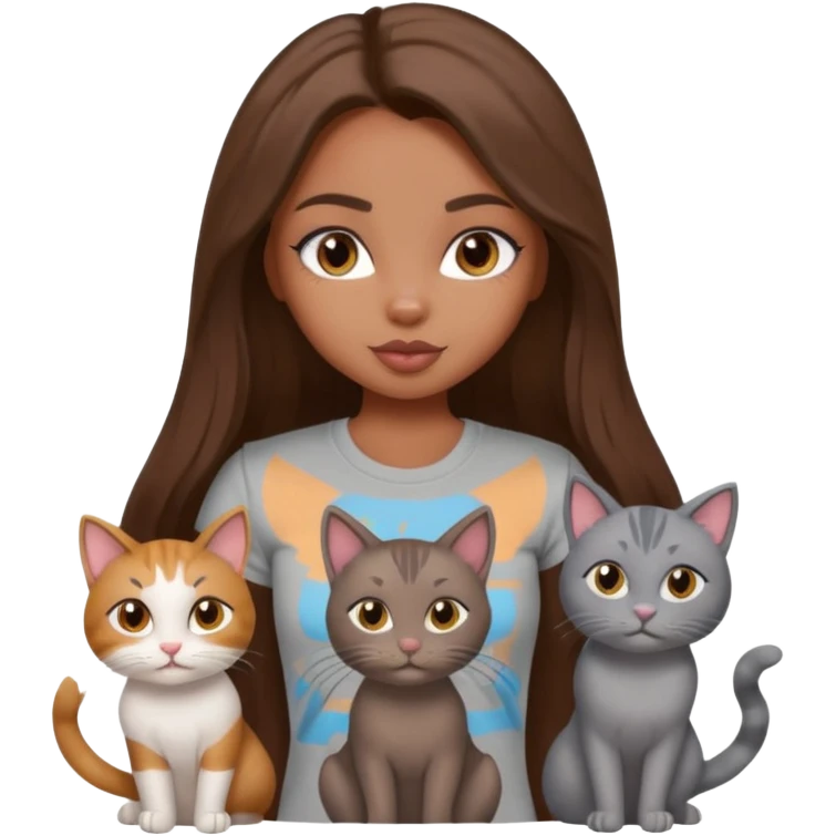 a pretty bratz dusky girl with long brown hair with four cats nd wearing a grey tshirt emoji