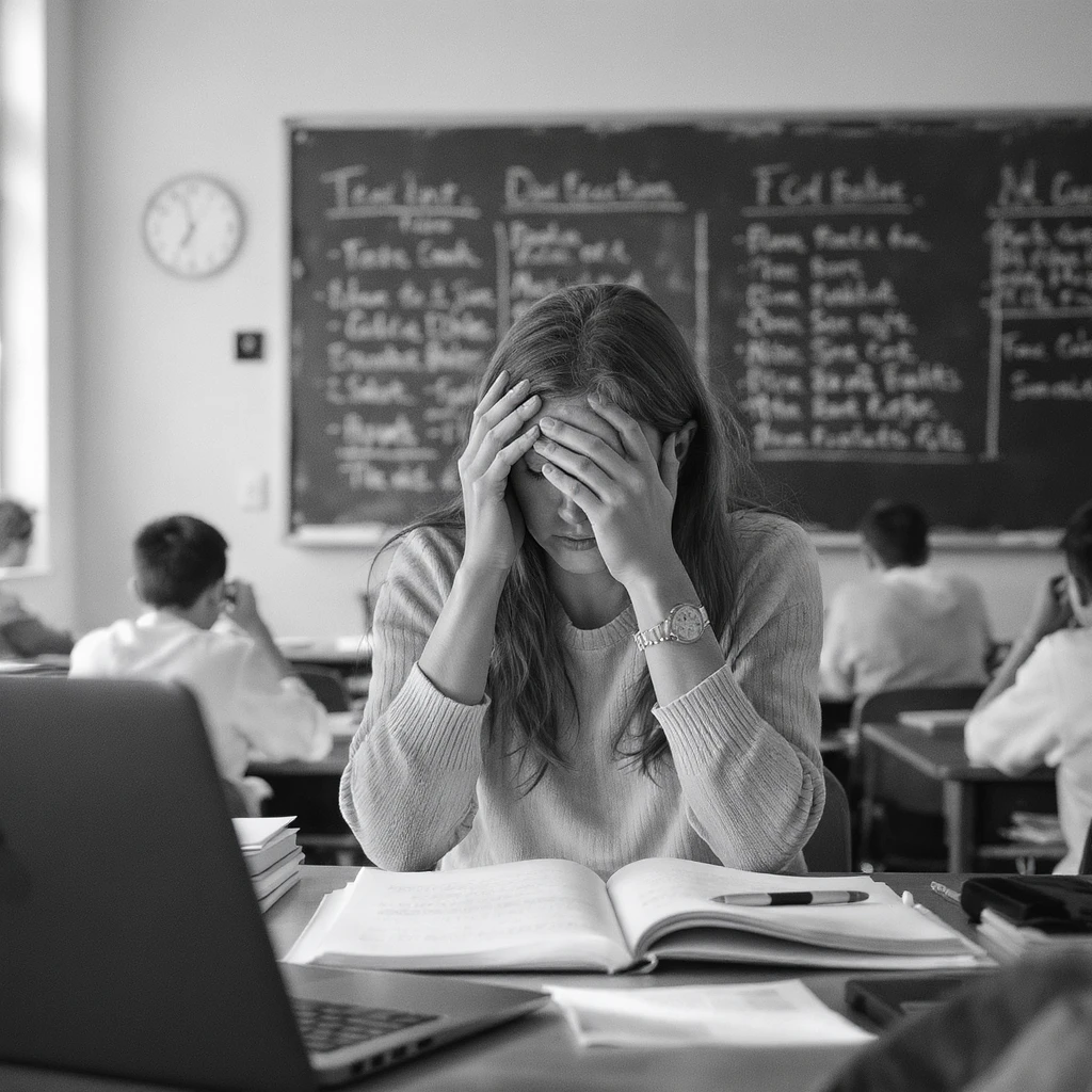 exhausted teacher in a bustling classroom emoji