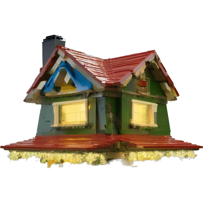  very very big Lego Cabin near a big tree.  Thick moss growing on the roofs. grass fields. porch lights turned off. bright white interior lights turned off. guests sitting in chairs on the porch, flowers and bushes are yellow and blue. emoji