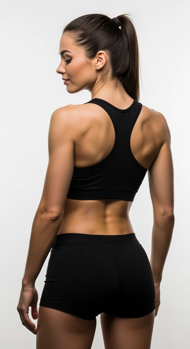 donna fitness di spalle con spina dorsale in evidenza, sfondo bianco emoji
