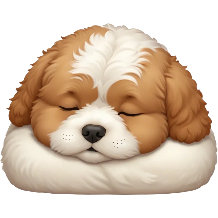 Cinematic Chubby Sleeping Cavoodle Portrait Emoji, Chubby and serene, with a round, cuddly build and a soft, curly apricot coat with subtle white patches, eyes gently closed in peaceful slumber, Simplified yet irresistibly endearing features, highly detailed, glowing with a gentle, dreamy glow, high shine, relaxed and content, stylized with a touch of whimsy, bright and heartwarming, soft glowing outline, capturing the essence of a blissfully sleepy companion, so comically serene it feels like it could roll out of the screen and snore with adorable charm! emoji
