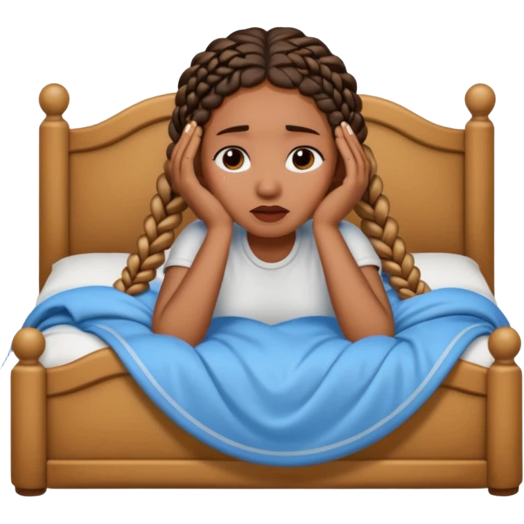 Black woman with braids in a big king size bed by herself crying emoji