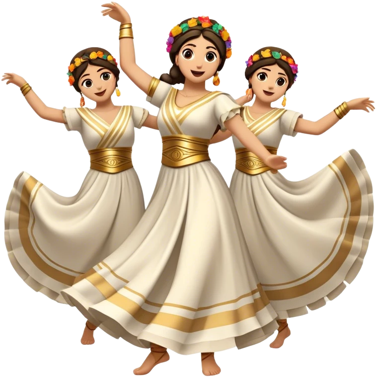 Cinematic Realistic Sirtaki Dance Emoji, depicted as a vibrant traditional Greek dance scene with flowing movements and expressive costumes, rendered with dynamic textures and warm festive lighting that captures its cultural exuberance. emoji