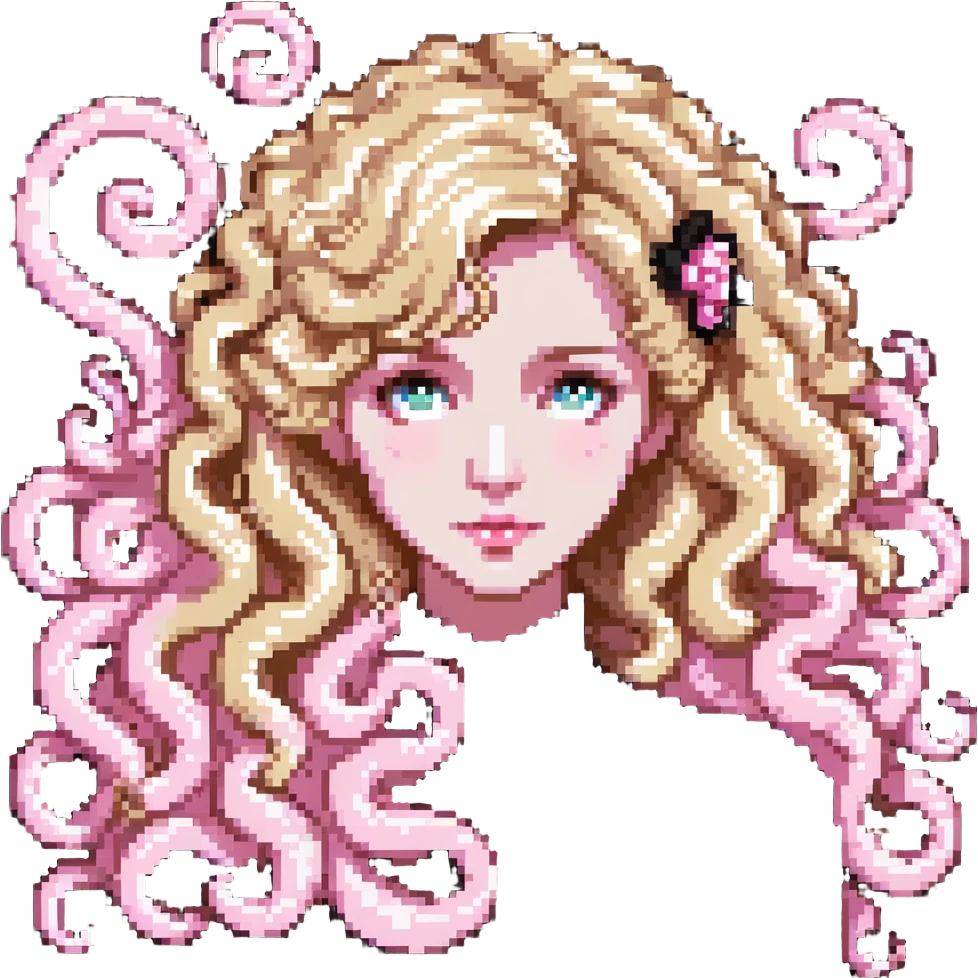 pale girl with curly medium-length blonde hair and baby pink swirls emoji