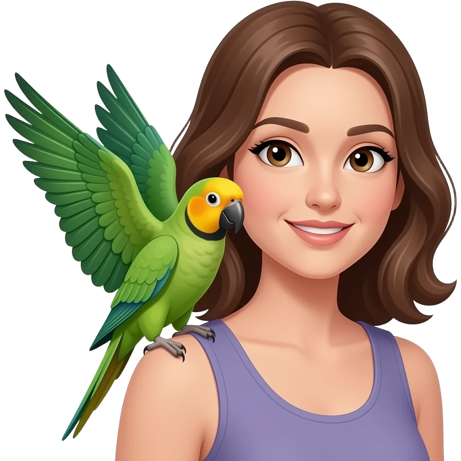 green indian ring neck parrot on a brown haired womans shoulder with a sun conure parrot with all green wings on her other shoulder emoji