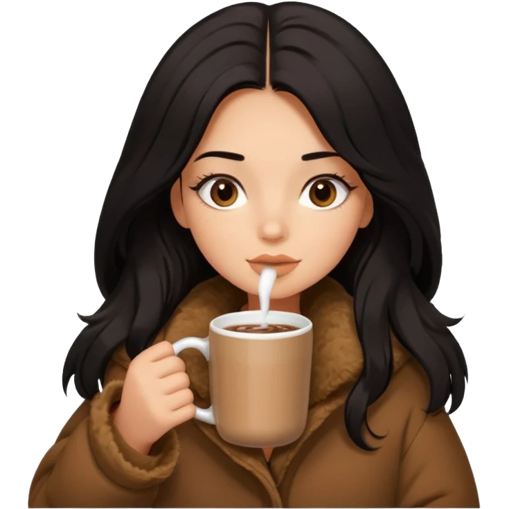 anned Girl with lashes , bright black long hair, in an extremely big fluffy brown oversized jacket, and drinking hot chocolate drink emoji