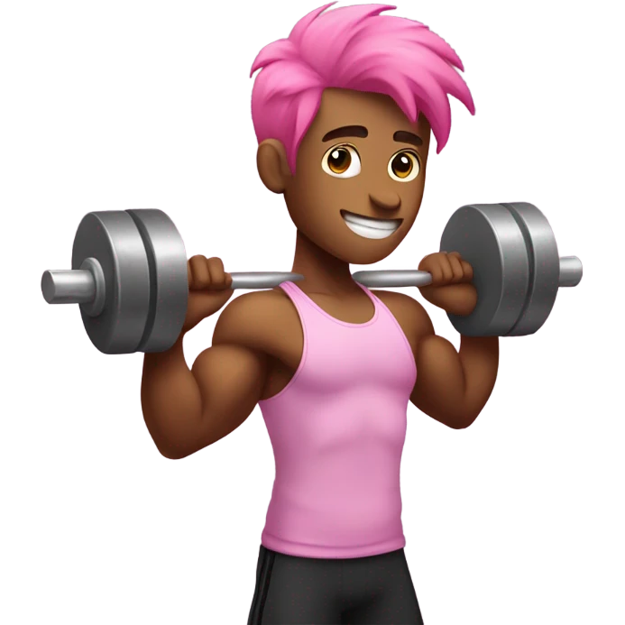 Muscular man lifting weights in a gym with pink hair emoji