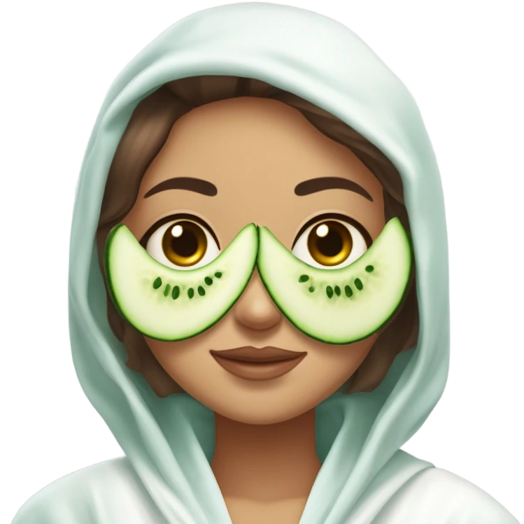 Girl with freackles Brown hair white skin and blue eyes wears Green colored  skin care mask while She relaxes and two round piece cucumber on her closed eyes In a white Robe emoji