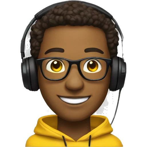DJ brown skin, smiling, Yellow Pullover, headphones and withe glasses emoji