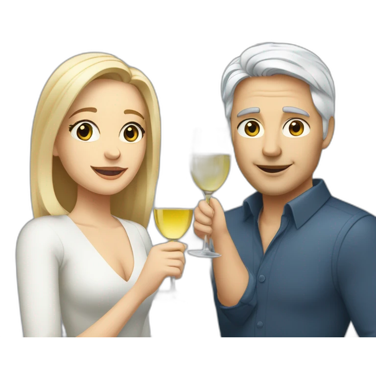 A white woman with brown eyes and blond medium long hair and a white man with blue eyes and grey hair, toasting with a glass of white wine emoji