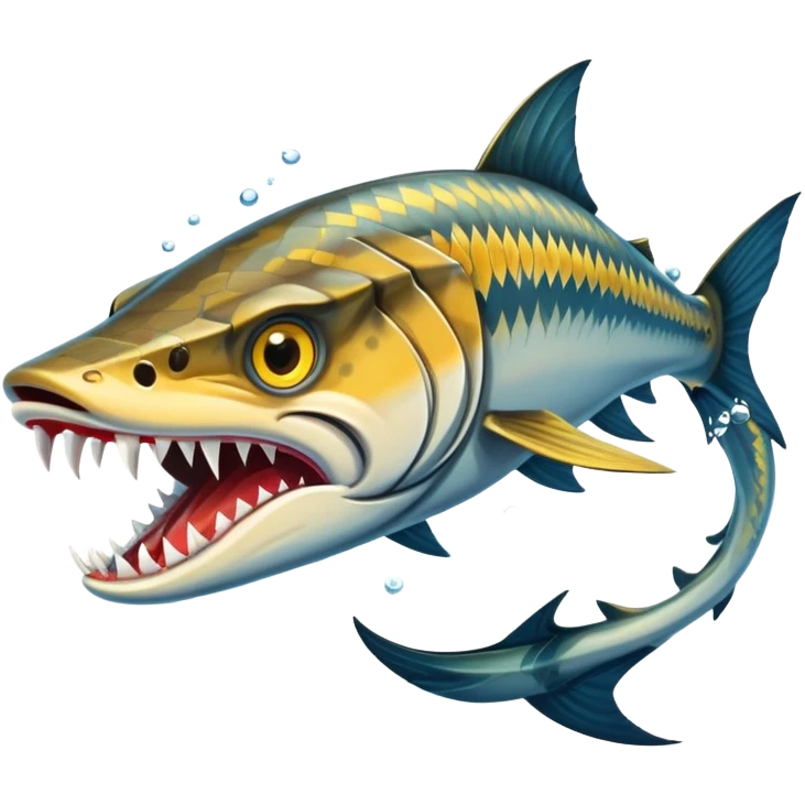 An angry barracuda swims swiftly through the water, its sharp teeth bared and ready for action emoji