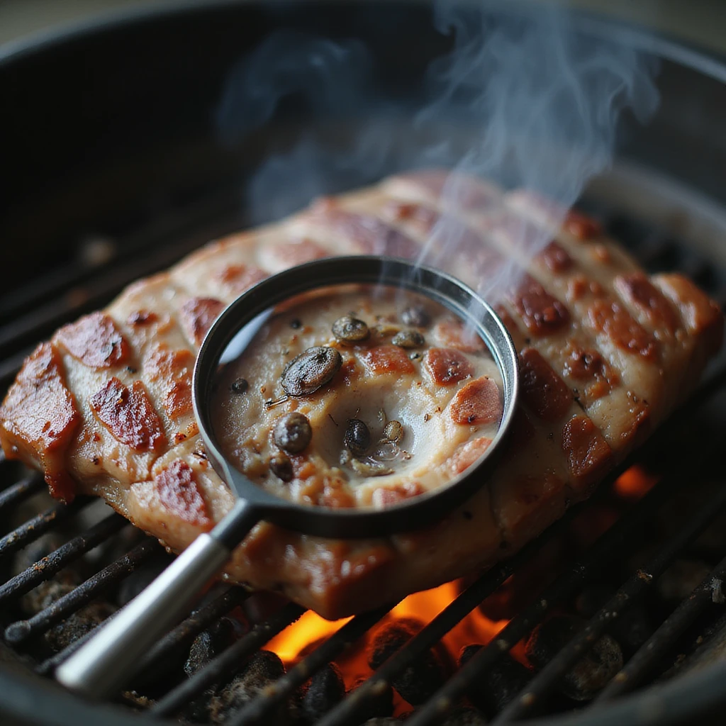 symbolic scene: cooked pork meat on grill, magnifying glass showing live parasites inside, alert atmosphere, 4K quality emoji